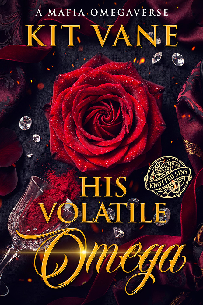 His Volatile Omega — Knotted Sins Book One — cover art featuring a red rose, gold accents, and scattered diamonds on dark silk