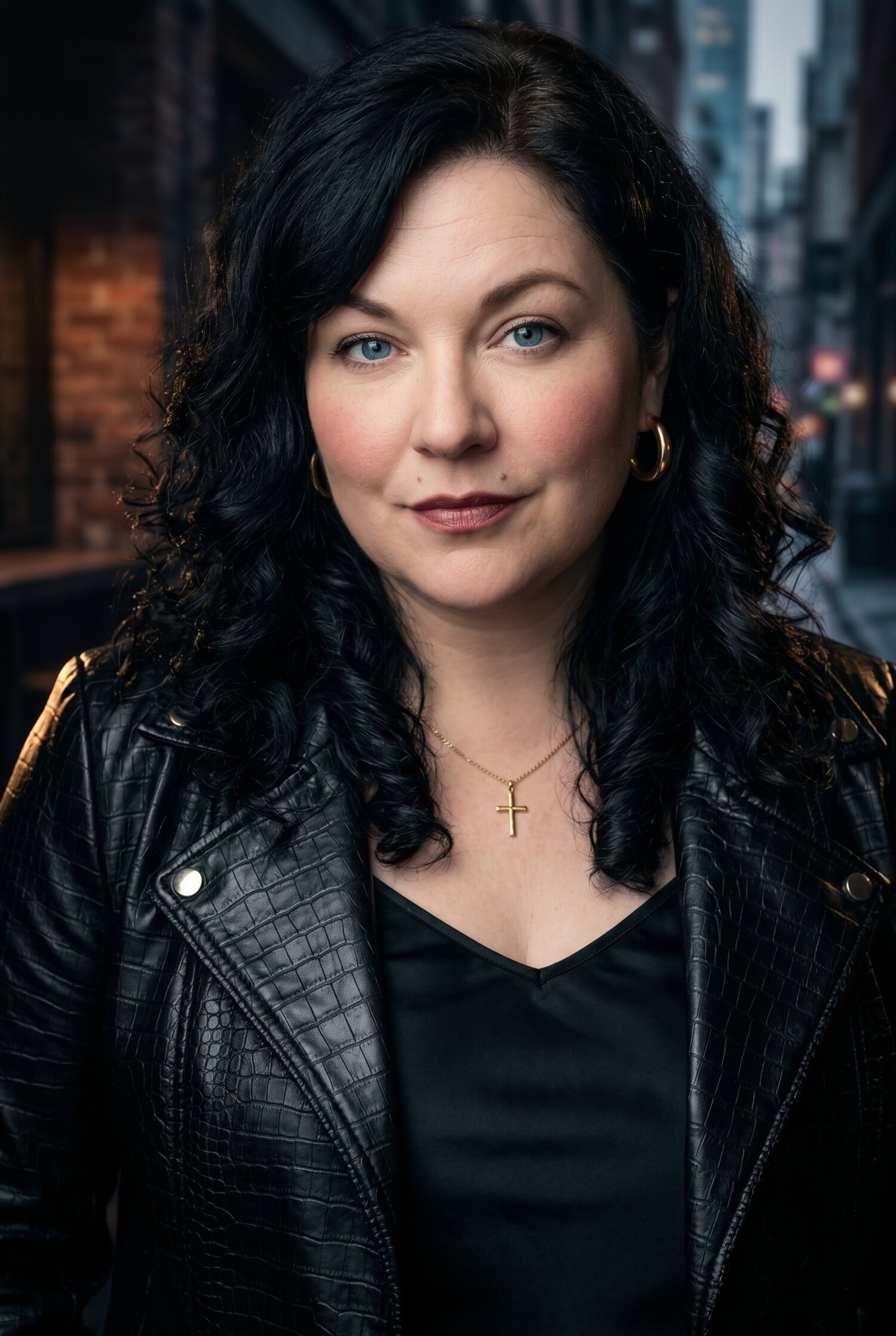 Kit Vane, author of dark mafia omegaverse romance, photographed in a leather jacket against an urban alley backdrop.